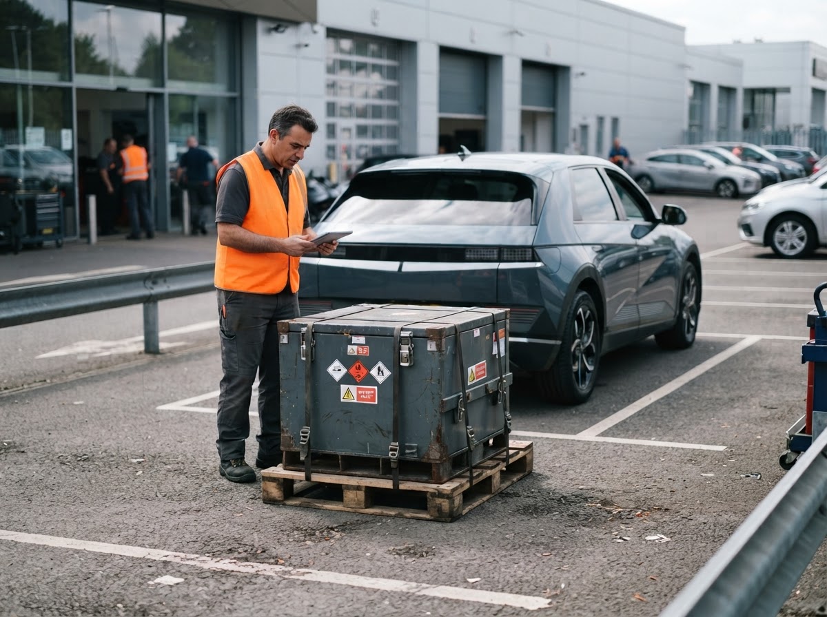 A technician in a plain hi-vis vest stands beside a fire-rated battery crate on a pallet next to an electric SUV on a dealership service lot