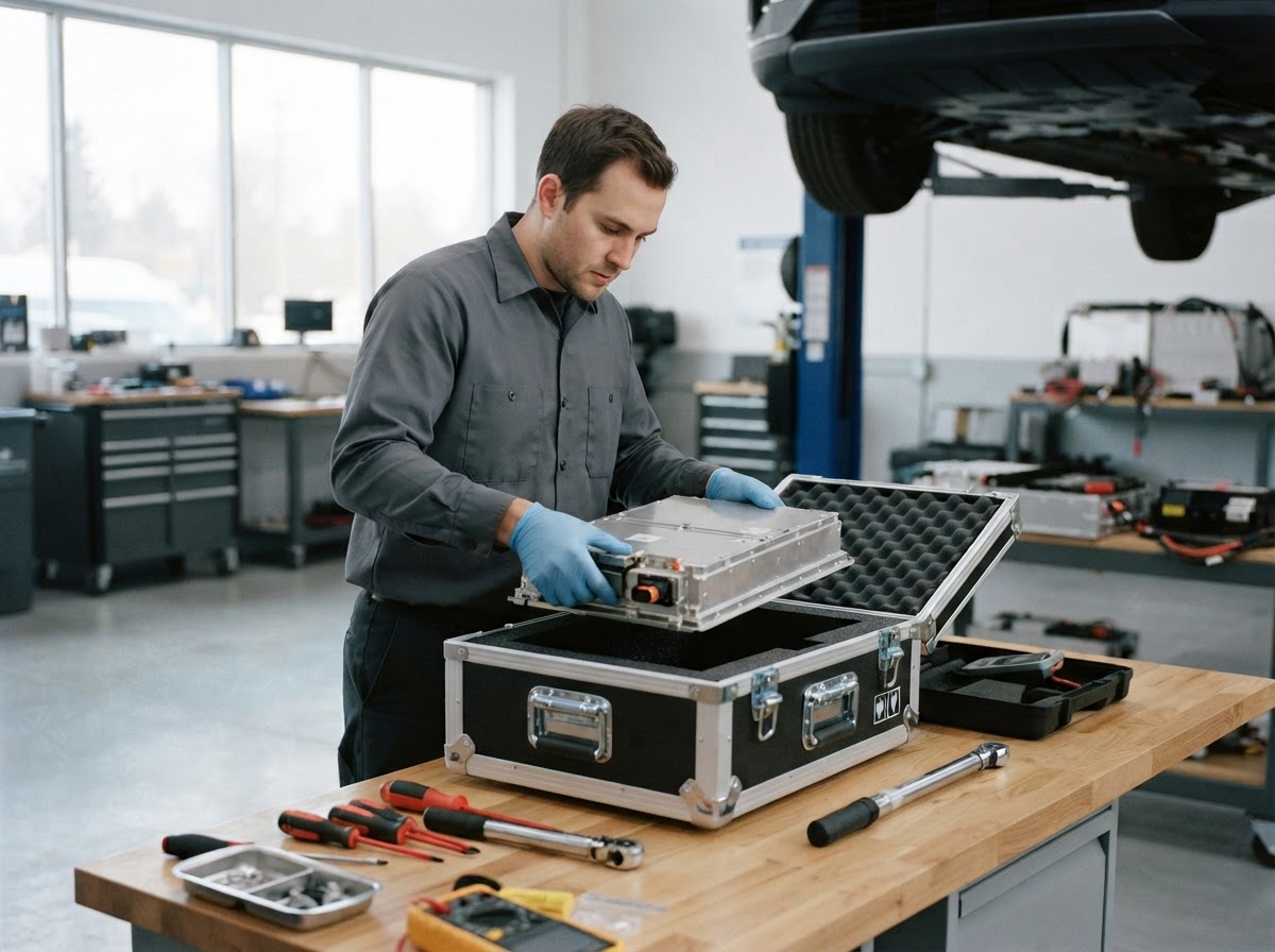 A technician in nitrile gloves places a battery module into a rated crate on a workbench in a clean EV repair bay