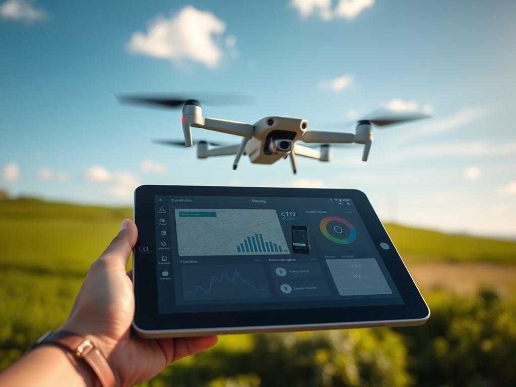 Aerial view of a drone management system interface displayed on