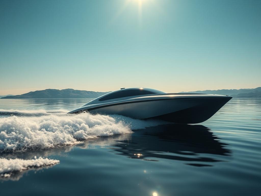 A sleek water surface vessel cutting through calm waters under