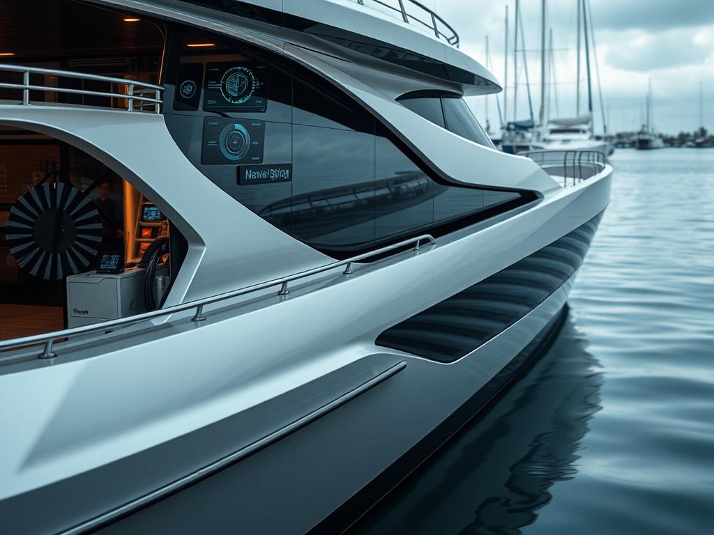 A close-up shot of a modern water surface vessel equipped with advanced navigation systems, docked at a harbor. The vessel should be sleek and futuristic, with visible technology features, surrounded by a calm water body.