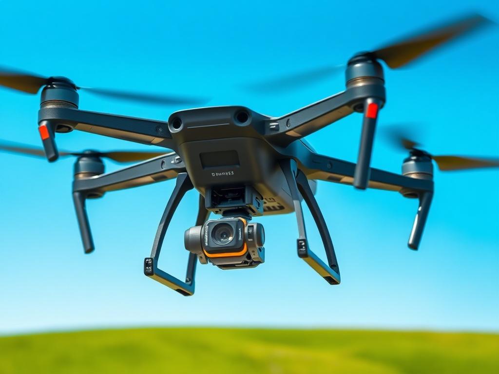 A close-up shot of a high-tech drone equipped with advanced sensors, hovering in mid-air against a clear blue sky. The background features a green landscape, showcasing its application in monitoring or surveying. The drone should be detailed, displaying its sleek design and modern technology.