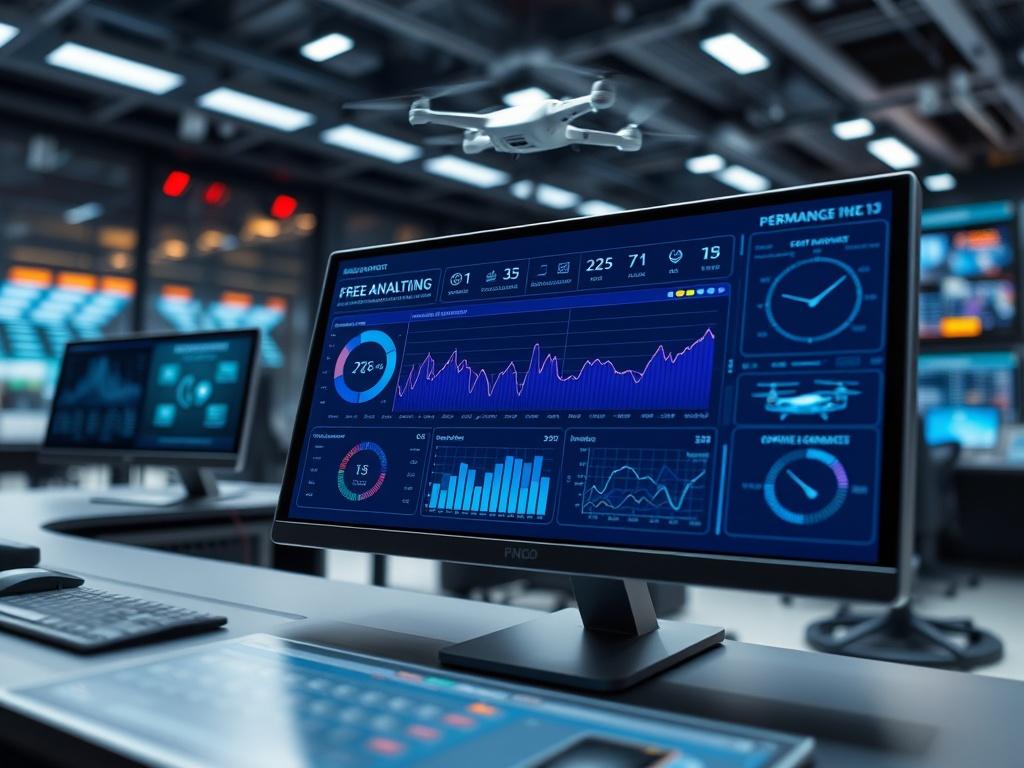 A close-up shot of a digital dashboard displaying real-time analytics and drone management data on a sleek touchscreen interface. The background features a high-tech command center, emphasizing the integration of AI technology and operational command.