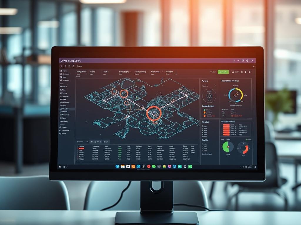 A hyper-realistic close-up shot of a computer screen displaying the Drone Management Software interface. The screen showcases a map with real-time drone tracking and flight data. The background is a modern office setting, emphasizing technology and innovation. Shot with a 45mm f/1.2 lens, focus on the screen's details and clarity.