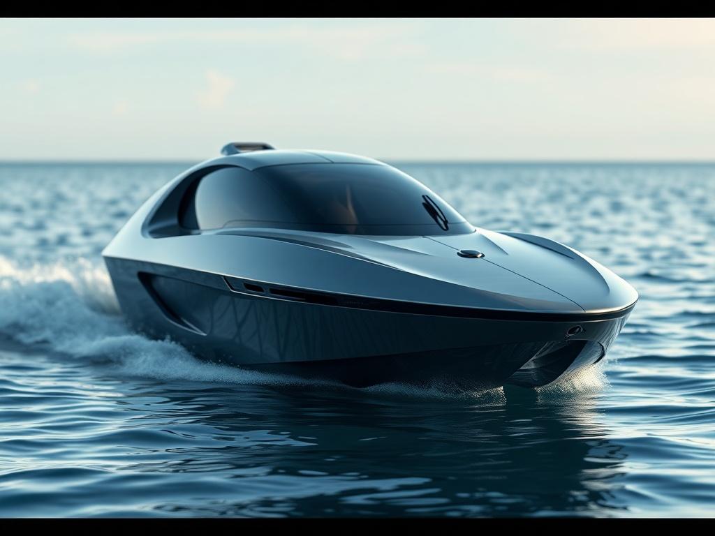 A hyper-realistic close-up shot of the AI-Powered Autonomous Watercraft, showcasing its sleek design and advanced features. The watercraft is positioned on calm waters, with a clear sky in the background, illustrating its operational capabilities. Shot with a 45mm f/1.2 lens, focus on the vessel's intricate details and technology.
