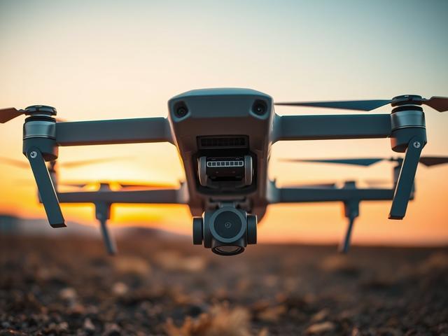 Create a realistic high-resolution photo showcasing a military drone in a clear, focused composition. The drone should be the sole subject, depicted from a low-angle perspective to emphasize its advanced engineering and sleek design. Capture intricate details such as the drone's propulsion system, high-tech sensors, and aerodynamic features, highlighting its capabilities in both military and civil applications.

The background should feature a blurred landscape of an open field with subtle hints of a sunset