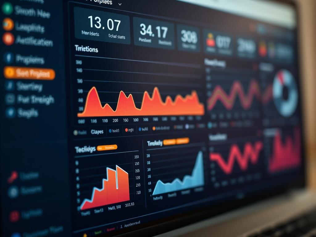A hyper-realistic close-up shot of a project management dashboard displaying various project metrics and timelines, emphasizing clarity and organization. The background should be simple and unobtrusive, focusing solely on the dashboard's details. The color scheme should align with rgb(50, 170, 39), creating a visually appealing and professional appearance.