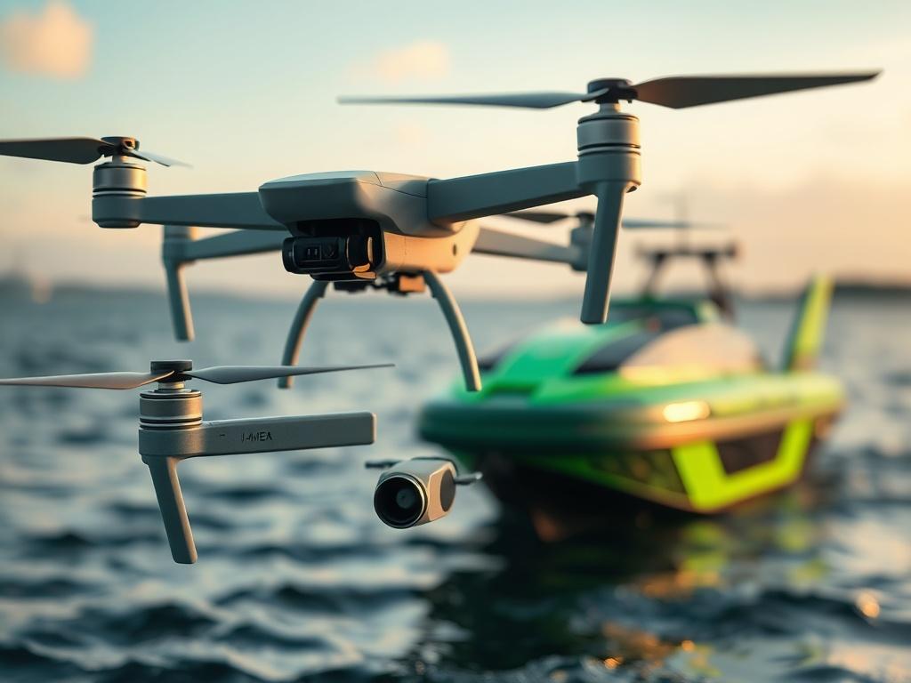 A hyper-realistic close-up shot of a drone and a water vessel, showcasing their intricate designs and technology. The background should be a blurred landscape of water and sky, emphasizing the advanced features and capabilities of the autonomous systems. The image should be rendered in high resolution with a focus on vibrant green tones, compatible with the rgb(50, 170, 39) primary color.