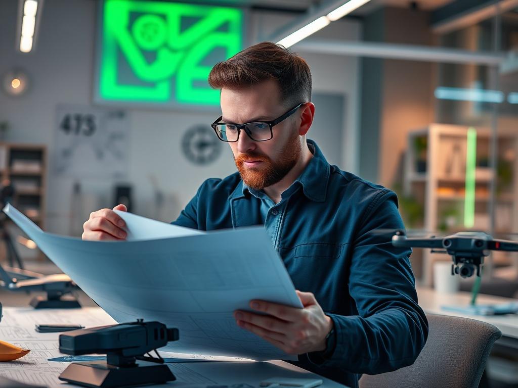A close-up shot of a professional engineer in a modern office, analyzing blueprints and technical drawings for autonomous systems. The engineer looks focused and engaged, surrounded by high-tech gadgets and models of drones and ships. The background features a sleek, contemporary workspace with a soft focus on innovative design elements. The primary color of the image is a vibrant green, reflecting the rgb(50, 170, 39), creating a lively and inspiring atmosphere.