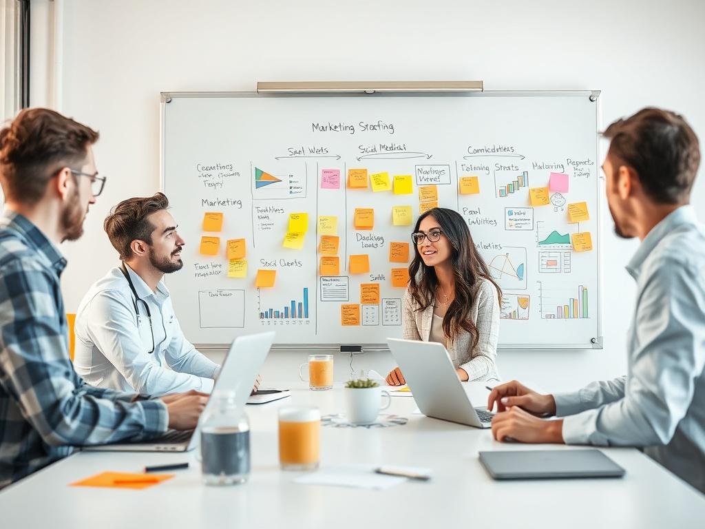 A marketing team brainstorming ideas in a bright office environment,