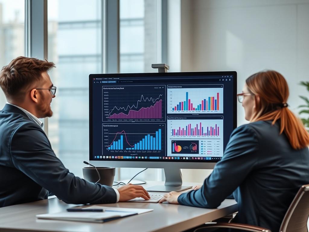 A professional team analyzing data and trends on a computer