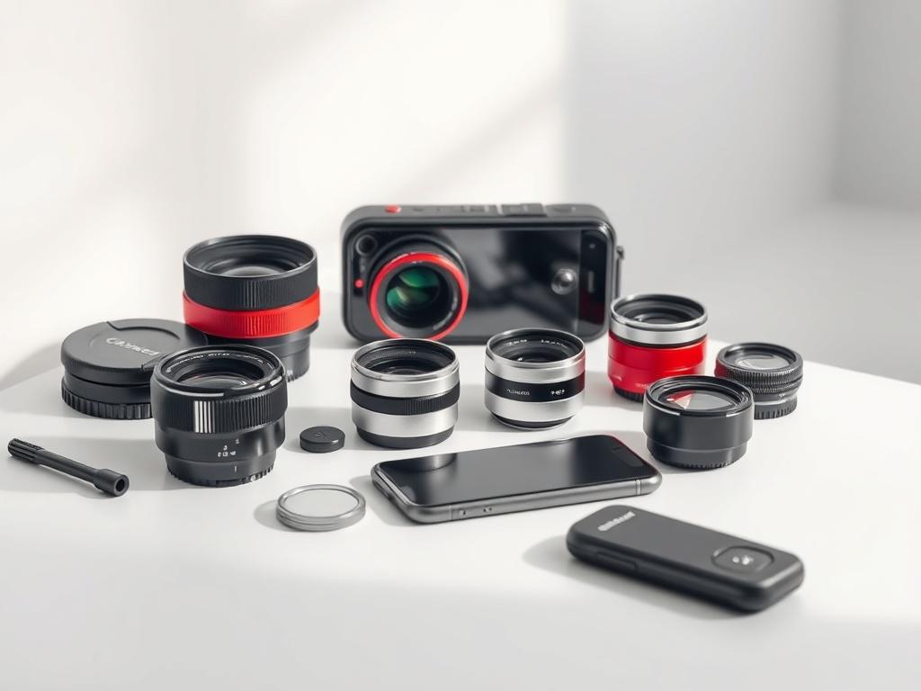 A high-resolution image of a Smartphone Camera Lens Kit displayed on a clean, minimalistic surface. The kit should include various lenses and accessories, arranged neatly. Use bold, vibrant colors to highlight the lenses, with a soft-focus background that emphasizes the product. The lighting should be bright and natural, showcasing the quality and details of the lenses.