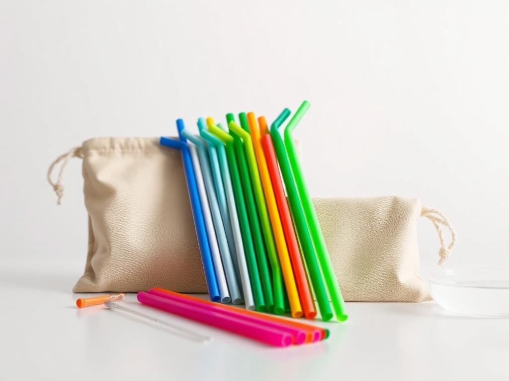 A realistic high-resolution photo of an Eco-friendly Reusable Straw Set displayed neatly on a clean, minimalistic surface. The set includes multiple straws in vibrant colors, arranged alongside a cleaning brush and an eco-friendly pouch. The background is softly blurred to highlight the vibrant colors and details of the straws, with a focus on clean lines and a modern aesthetic.