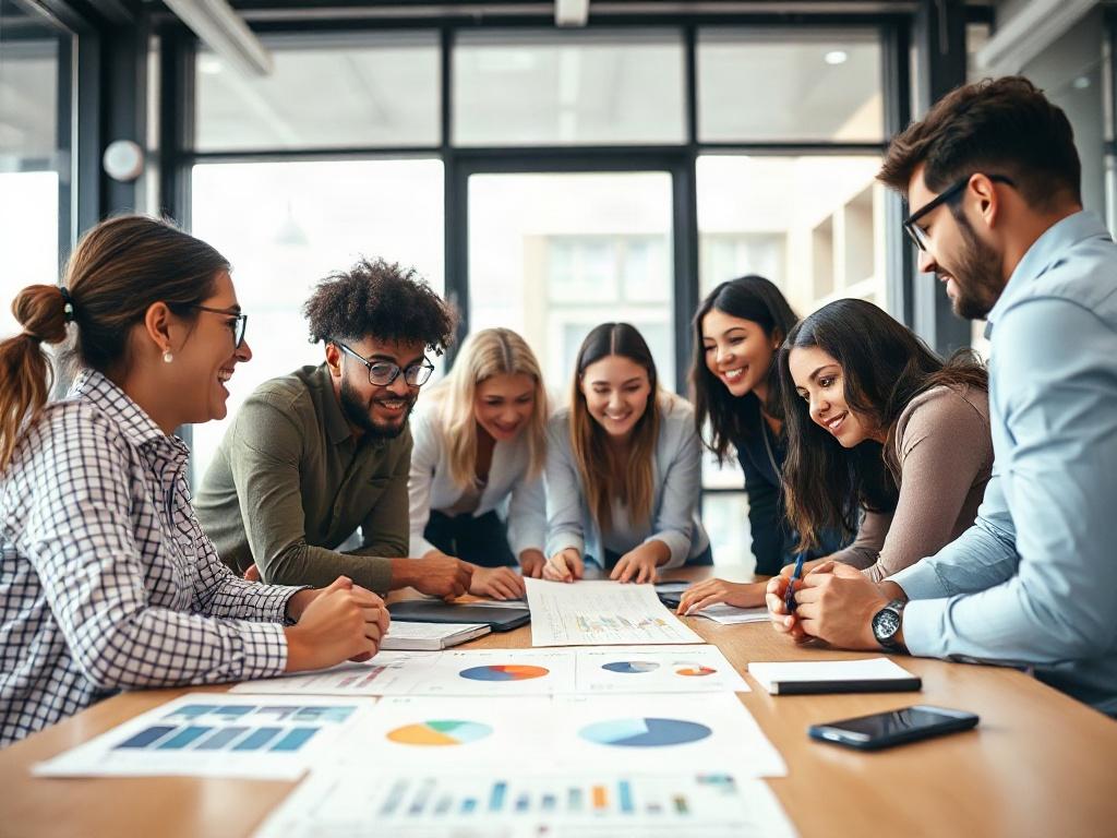 A close-up shot of a diverse team brainstorming around a table covered with charts and documents, showcasing collaboration and teamwork. The background is a bright office with large windows, symbolizing transparency and innovation.