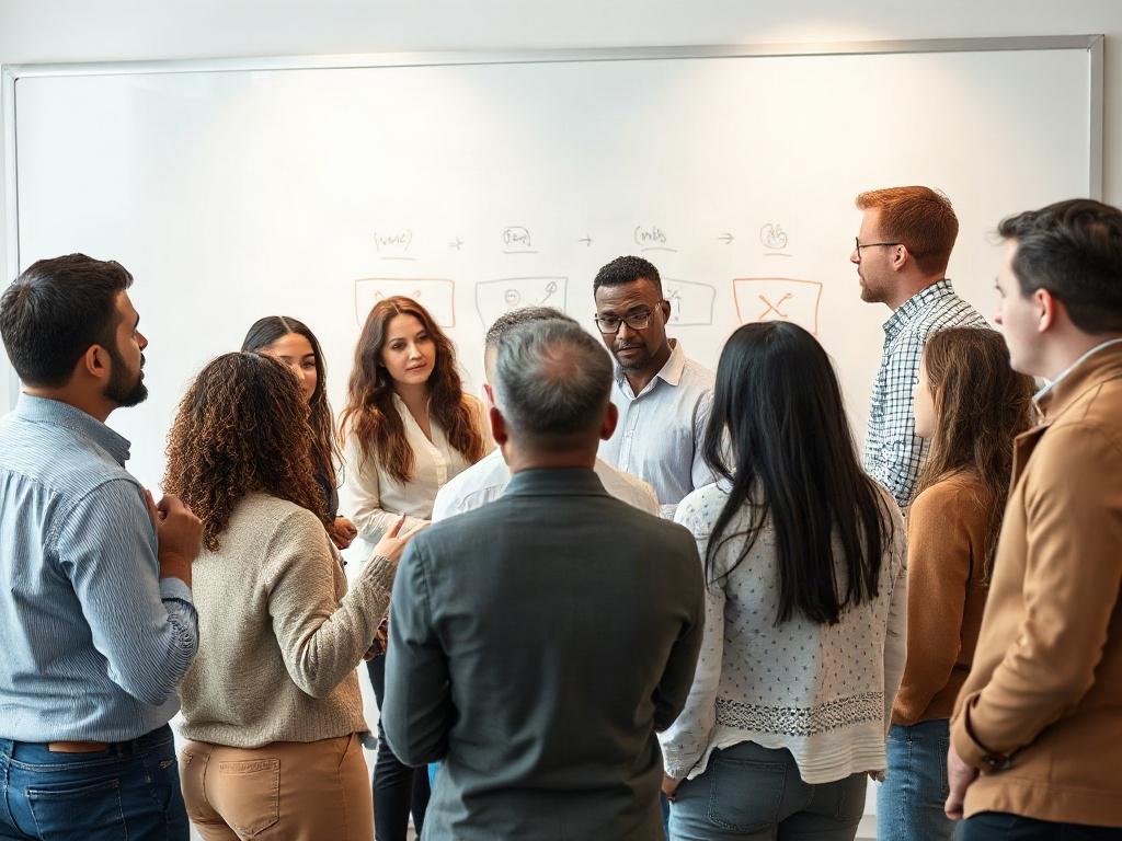 An interactive workshop setting where consultants and clients brainstorm strategies on a whiteboard. Highlight diverse team members actively participating in discussions, showcasing creativity and collaboration.