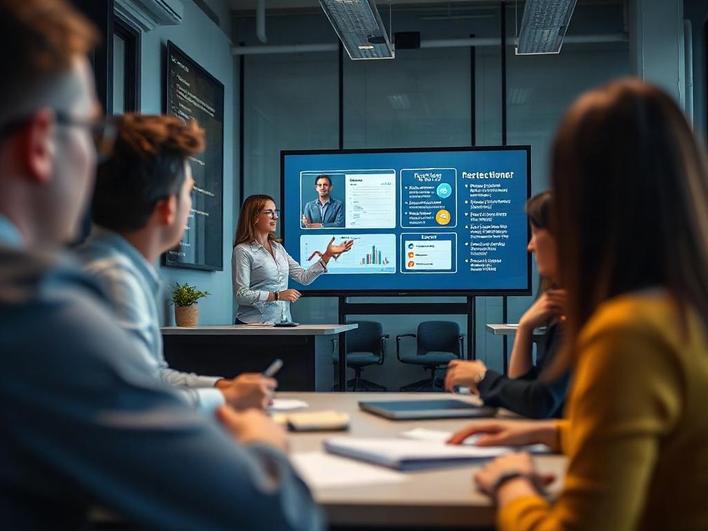 A close-up shot of a consultant leading a training session with employees, using a digital presentation. The setting is a modern office with engaging visuals, highlighting an interactive learning environment.