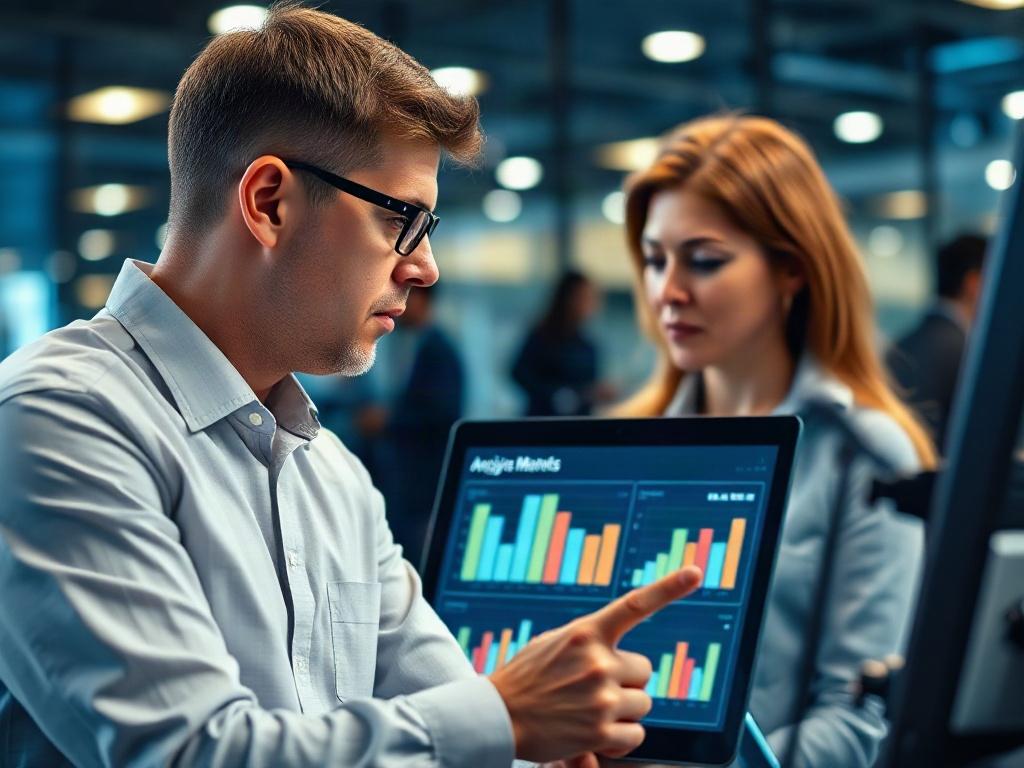 A close-up shot of a consultant reviewing performance metrics on a digital dashboard with a client. The background features a high-tech office environment, highlighting a focus on analytics and decision-making.