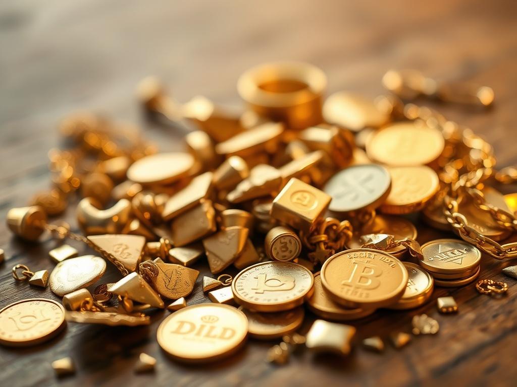 A close-up shot of various gold scraps including broken jewelry and coins, arranged neatly on a wooden table. The background is softly blurred to emphasize the gold pieces, creating a warm and inviting atmosphere. The lighting highlights the shine and texture of the gold, making it the focal point.
