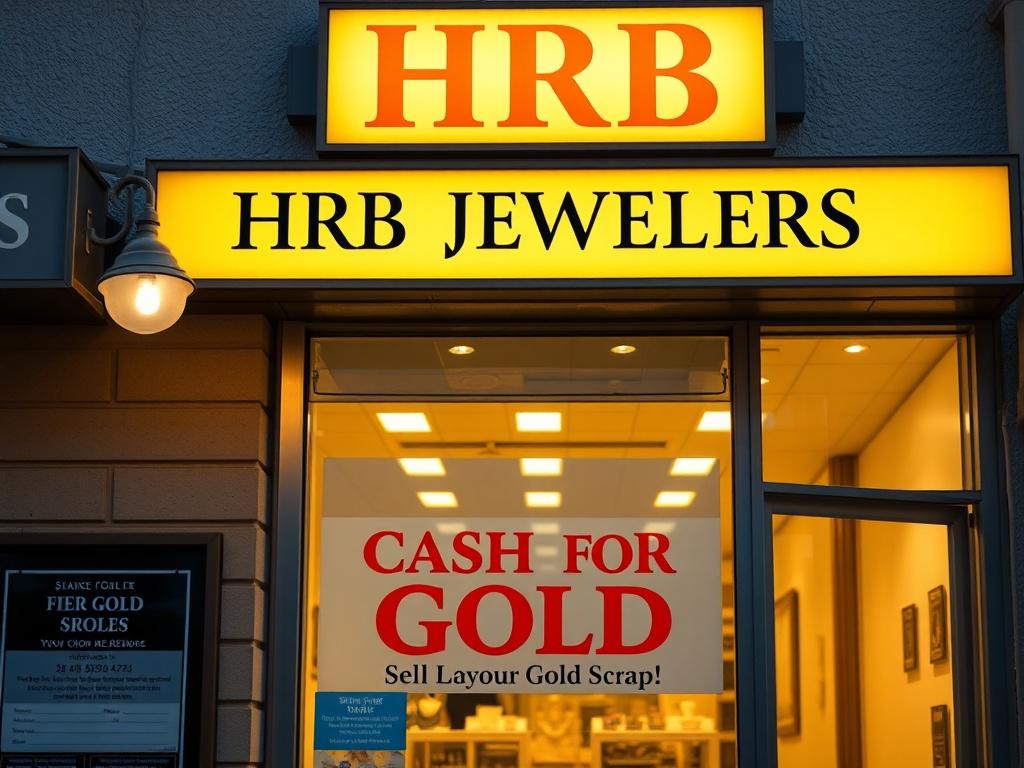 A close-up shot of the HRB Jewelers storefront, warmly lit and inviting, with a sign displaying 'Cash for Gold' prominently. The image captures a welcoming atmosphere, encouraging customers to step inside and explore the option of selling their gold scrap.