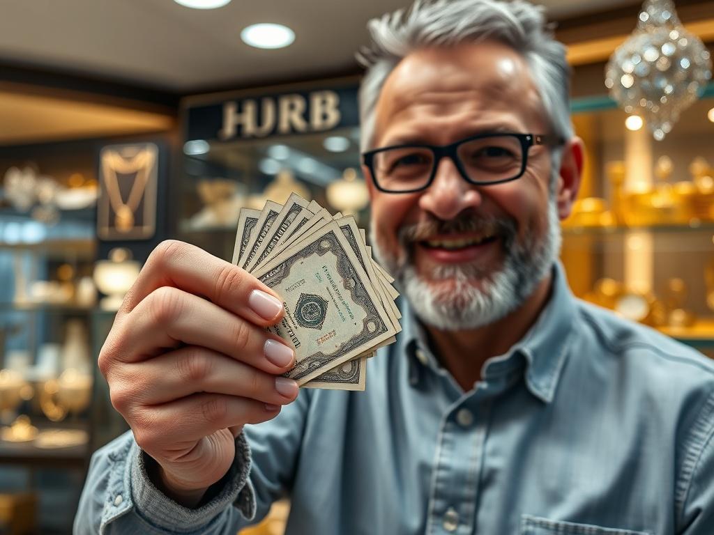 A close-up shot of a satisfied customer holding cash after selling gold scrap at HRB Jewelers. The background features the store's welcoming interior, showcasing a display of beautiful jewelry and gold items, creating a sense of trust and satisfaction.