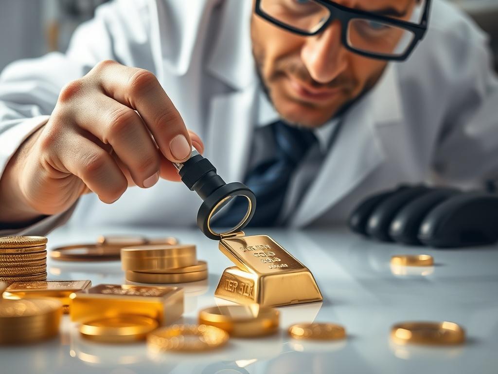 An expert appraiser examining a gold bar with a jeweler's loupe, surrounded by other precious metal items on a clean, well-lit workspace. The focus should be on the meticulous attention to detail, emphasizing professionalism and expertise.