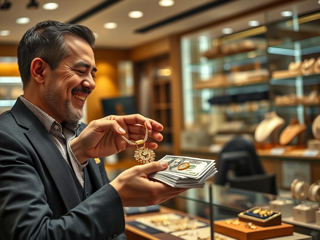 A high-resolution image of a jeweler presenting a golden necklace and a stack of cash to a satisfied customer. The scene captures a moment of joy and trust, with a well-lit environment showcasing a variety of jewelry pieces in the background.