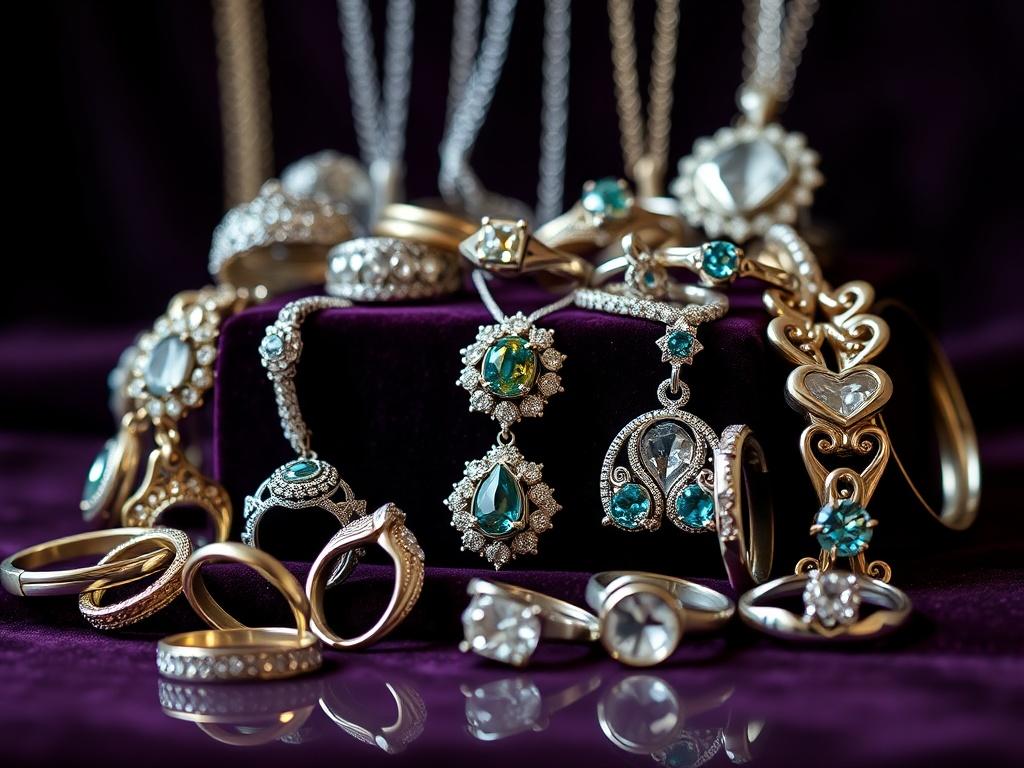 A beautifully arranged display of various jewelry pieces, including rings, necklaces, and bracelets, set against a rich, deep-colored velvet background. The close-up shot highlights the intricate details and brilliance of each item, creating an inviting atmosphere.