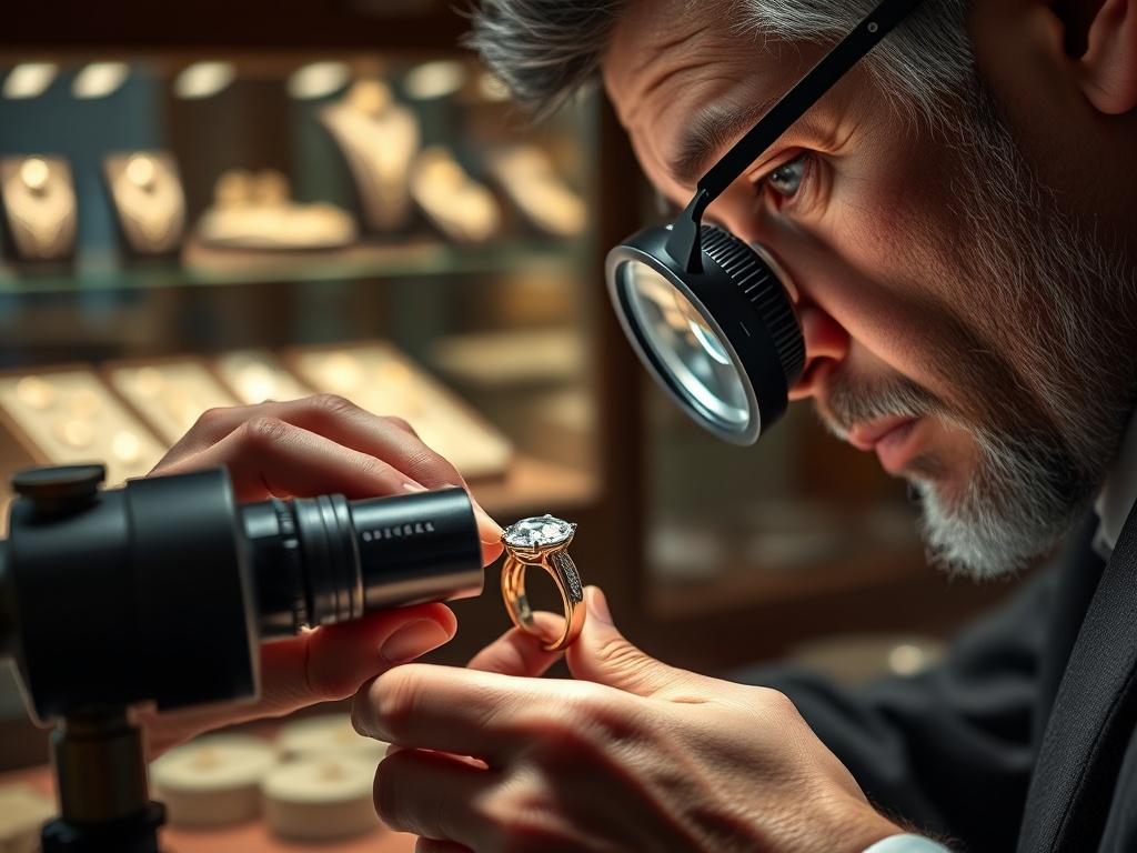 A close-up shot of a jeweler examining a sparkling diamond ring with a magnifying loupe, surrounded by professional appraisal tools. The background features a softly blurred jewelry display case, highlighting various precious items. The image captures an atmosphere of expertise and precision.