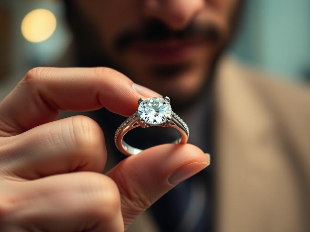 A close-up shot of an elegant diamond ring being held by a jeweler, showcasing the brilliance of the diamond. The background is softly blurred, with a hint of luxury, emphasizing the beauty of the ring and the jeweler's expertise.