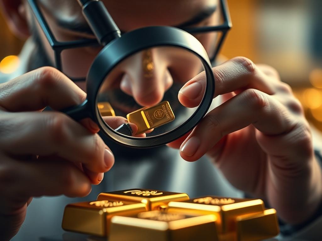 A close-up shot of a jeweler examining a gold bar with a magnifying glass, showcasing intricate details of the metal. The background is softly blurred to focus on the jeweler's hands and the gold bar, with warm, inviting lighting emphasizing the richness of the gold.