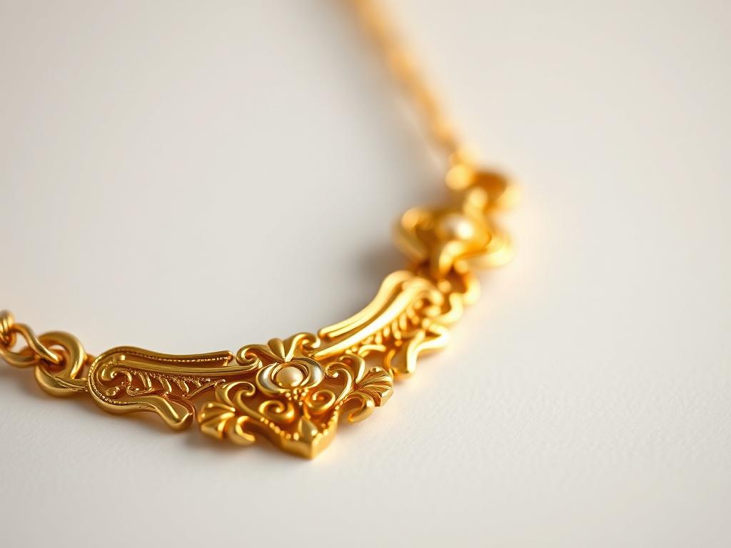 A close up shot of a beautifully crafted gold necklace,