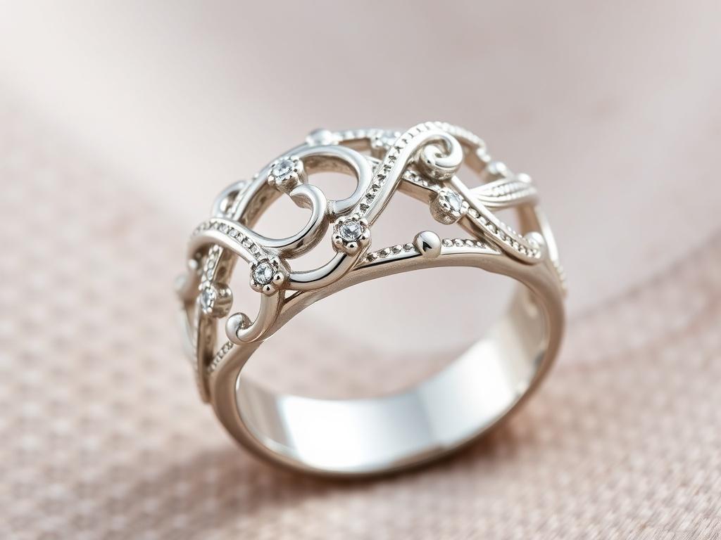 A close up image of a stunning sterling silver ring,