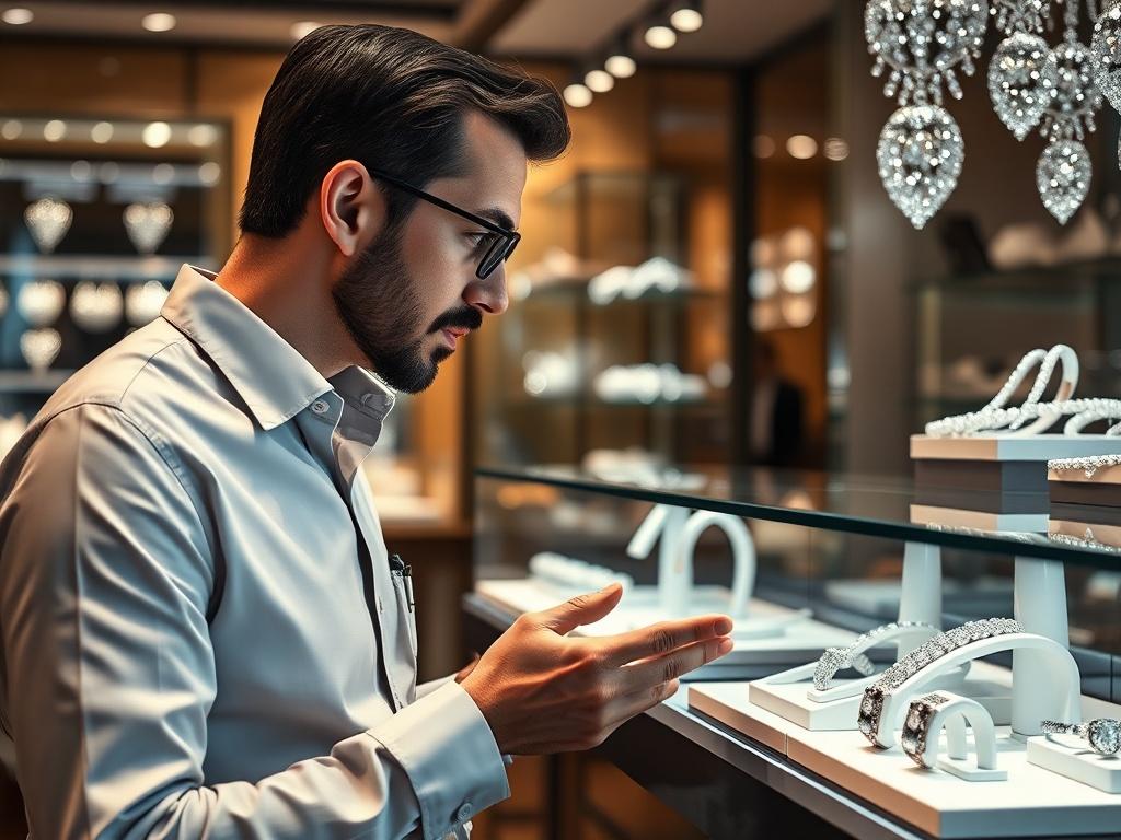 A close-up shot of a jewelry expert discussing with a customer at HRB Jewelers, showcasing sparkling jewelry pieces in the background, shot with a 45mm f/1.2 lens.