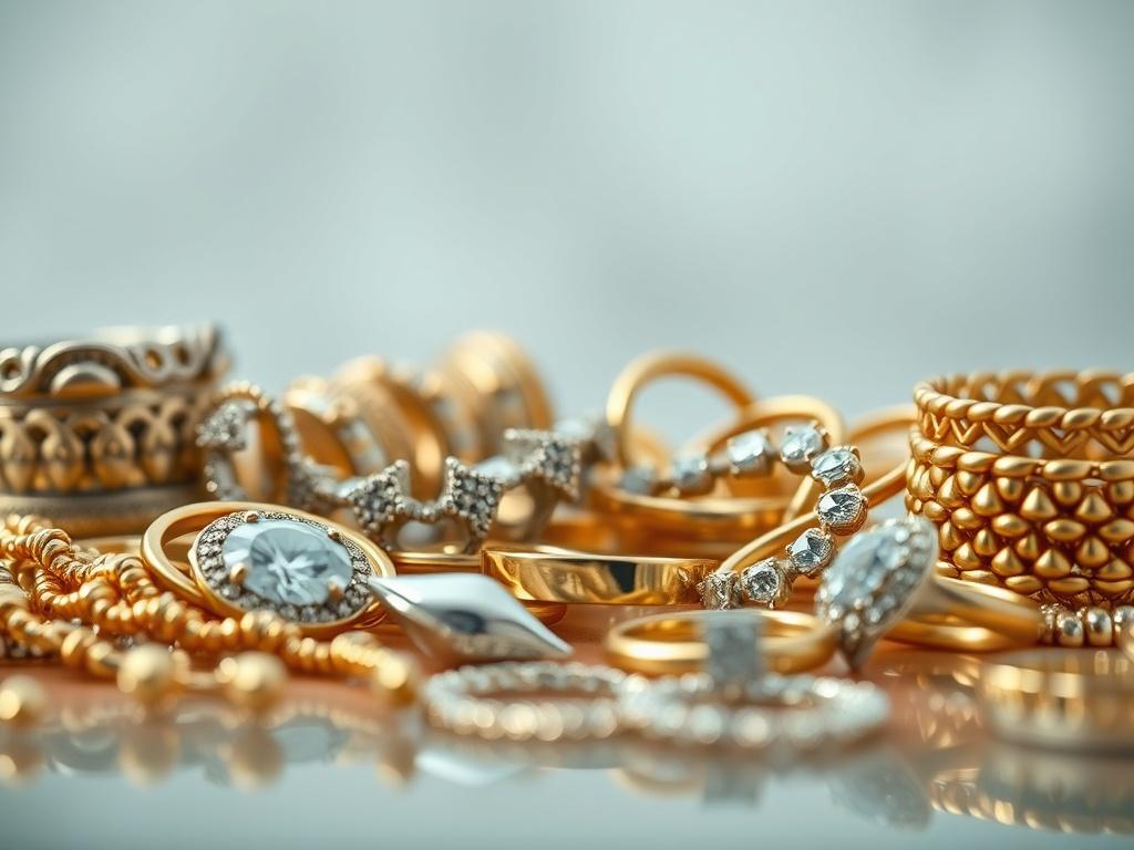 A beautifully arranged display of various precious metals, including gold and silver jewelry, set against a soft-focus background. The pieces should reflect light and showcase their luster, inviting potential buyers to appreciate the craftsmanship. The image should exude elegance and luxury.