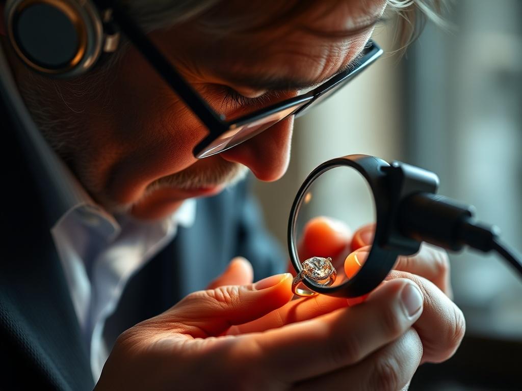 A close-up shot of an appraiser examining a piece of jewelry under a magnifying glass, highlighting the intricate details and quality of the item. The background should be softly blurred to emphasize the appraisal process, creating an atmosphere of professionalism and expertise.