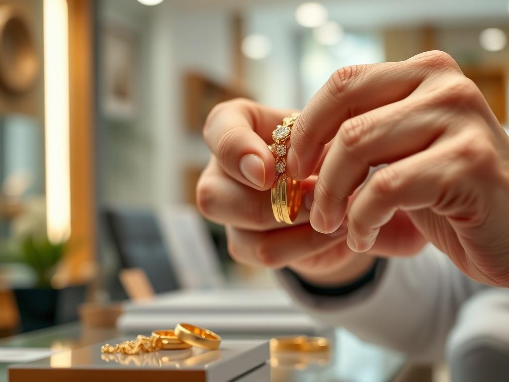A close-up shot of gold jewelry being examined by a professional appraiser in a bright and welcoming environment. The background is softly blurred to keep the focus on the gold pieces and the appraiser's hands, showcasing the detailed craftsmanship and shine of the jewelry. The image should convey trust and professionalism.