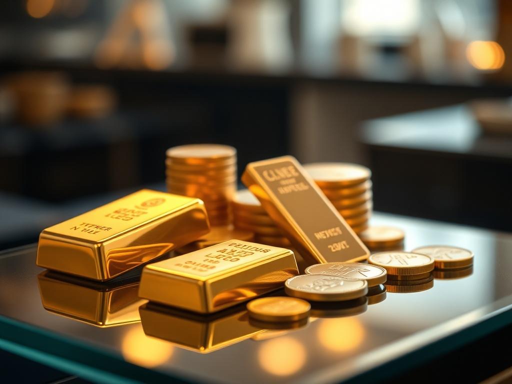A close-up shot of a selection of precious metal bullion bars and coins displayed on a sleek glass surface. The image should reflect the quality and value of the metals, with a soft-focus background to keep the viewer's attention on the items. The lighting should be warm and inviting, emphasizing the shine of the metals. Shot with a 45mm f/1.2 lens.
