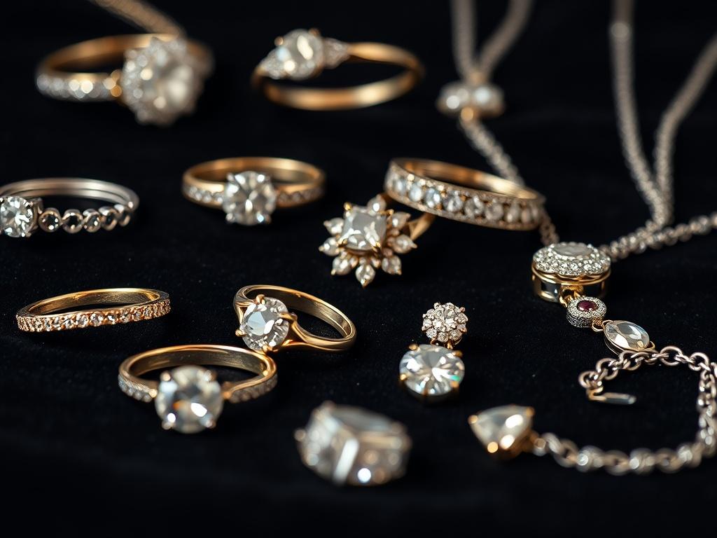 A close-up shot of various pieces of fine jewelry, including rings, bracelets, and necklaces, displayed elegantly on a black velvet background. The image should capture the sparkling details of each item, showcasing their craftsmanship. Soft lighting should enhance the brilliance of the gemstones and metals, creating an inviting atmosphere. Shot with a 45mm f/1.2 lens.