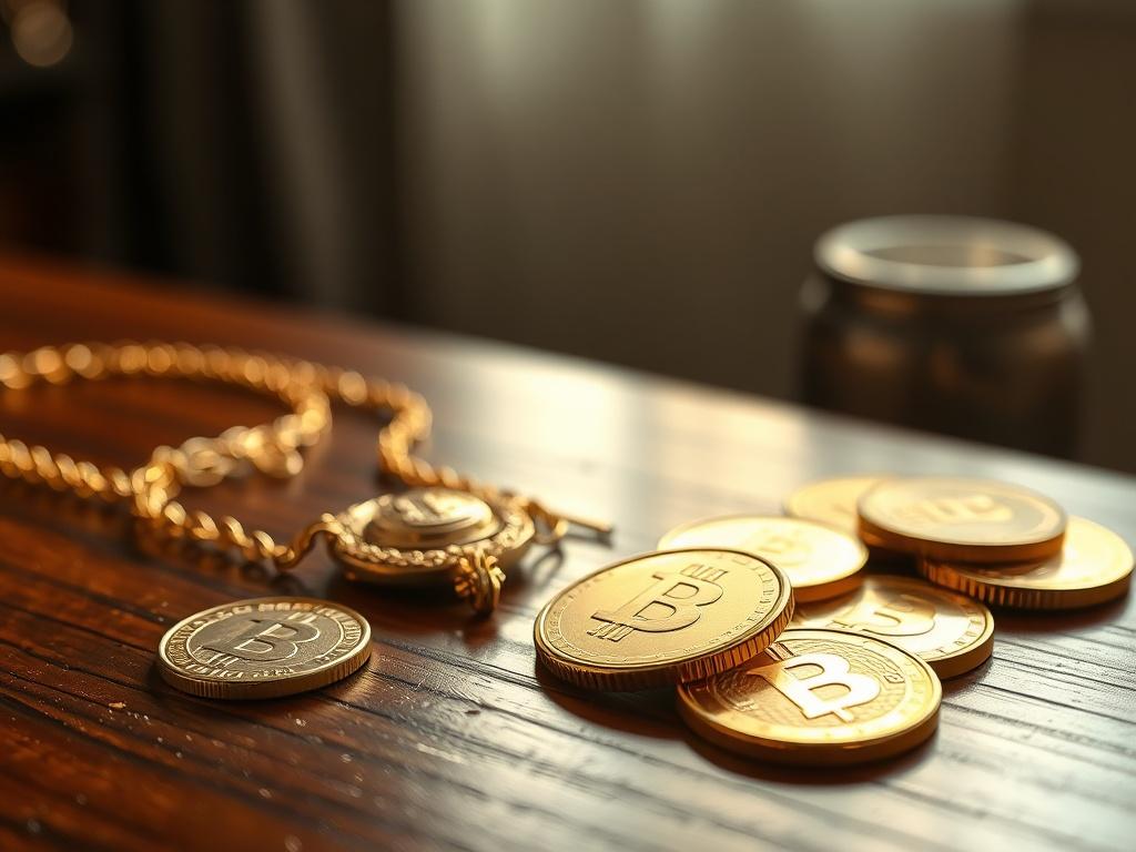 A close-up shot of a gold necklace and gold coins on a polished wooden table. The background is softly blurred to emphasize the shine of the gold. The lighting should highlight the intricate details of the jewelry and coins, creating a luxurious feel. The image should evoke a sense of value and elegance, shot with a 45mm f/1.2 lens.