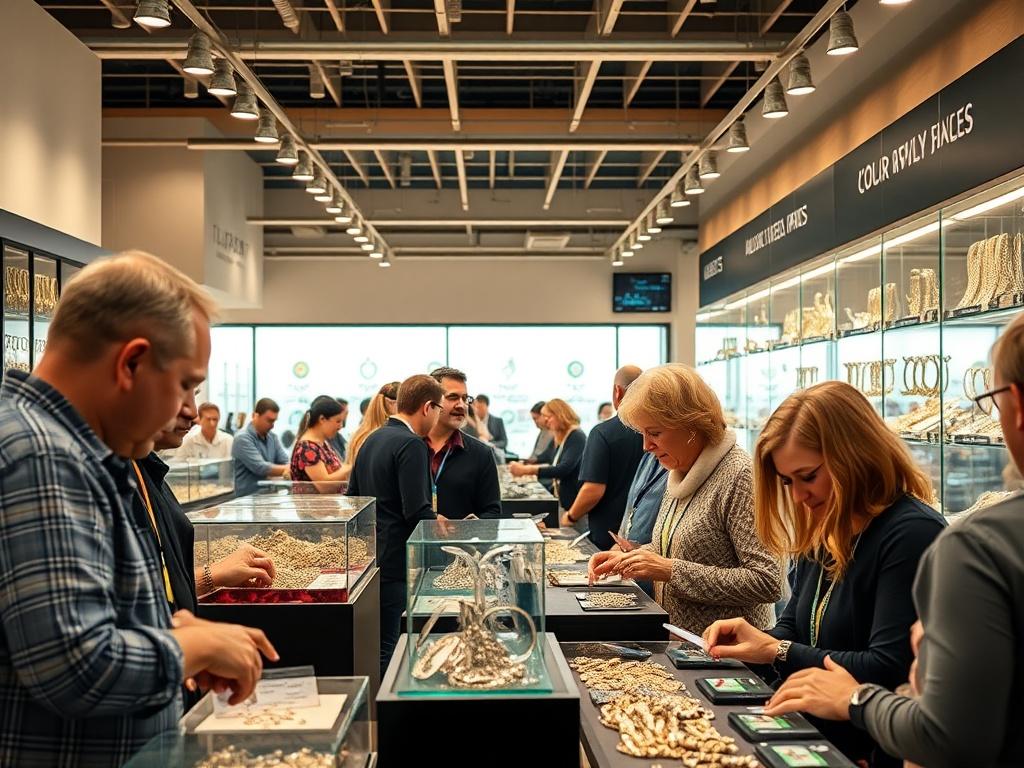 A vibrant scene from a jewelry buying event showing people interacting with friendly staff, examining various jewelry pieces, and discussing offers. The atmosphere should feel welcoming and engaging, highlighting the community aspect of the event.