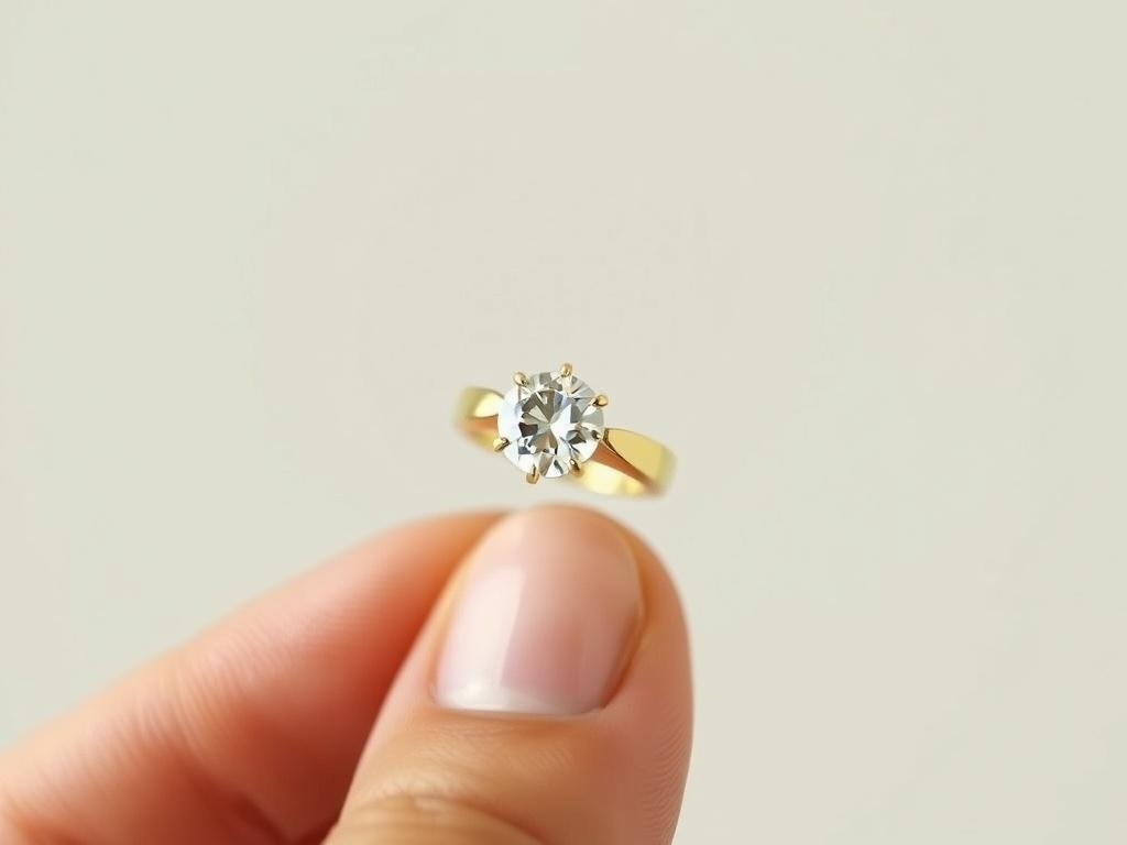 A close-up shot of a hand holding a shiny gold ring with a sparkling diamond, against a simple, elegant background that enhances the gold's luster. The image should convey a sense of value and luxury, showcasing the craftsmanship of the jewelry.