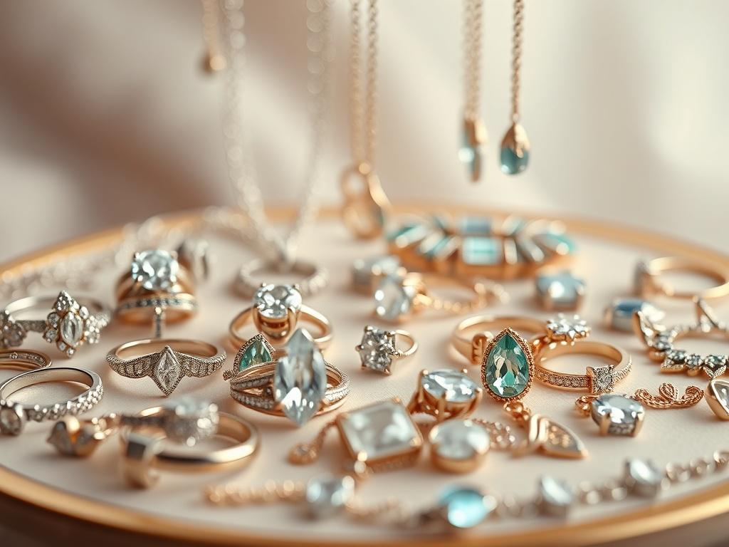 A captivating close-up shot of a beautifully arranged display of various jewelry pieces, including rings, necklaces, and earrings. The image focuses on the intricate details and sparkling stones, set against a soft, inviting backdrop. The lighting enhances the brilliance of the jewelry, showcasing the quality and craftsmanship of each item in the collection.