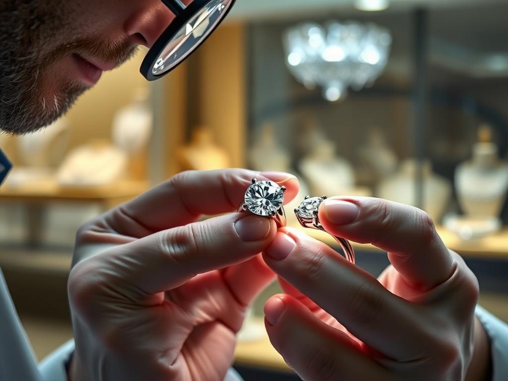 A close-up shot of a skilled gemologist examining a sparkling diamond ring with a loupe, set against a soft-focus background of luxury jewelry displays. The focus is on the gemologist's hands and the ring, showcasing the intricate details and brilliance of the diamond. The lighting highlights the clarity and cut of the stone, capturing the essence of expert appraisal in jewelry assessment.