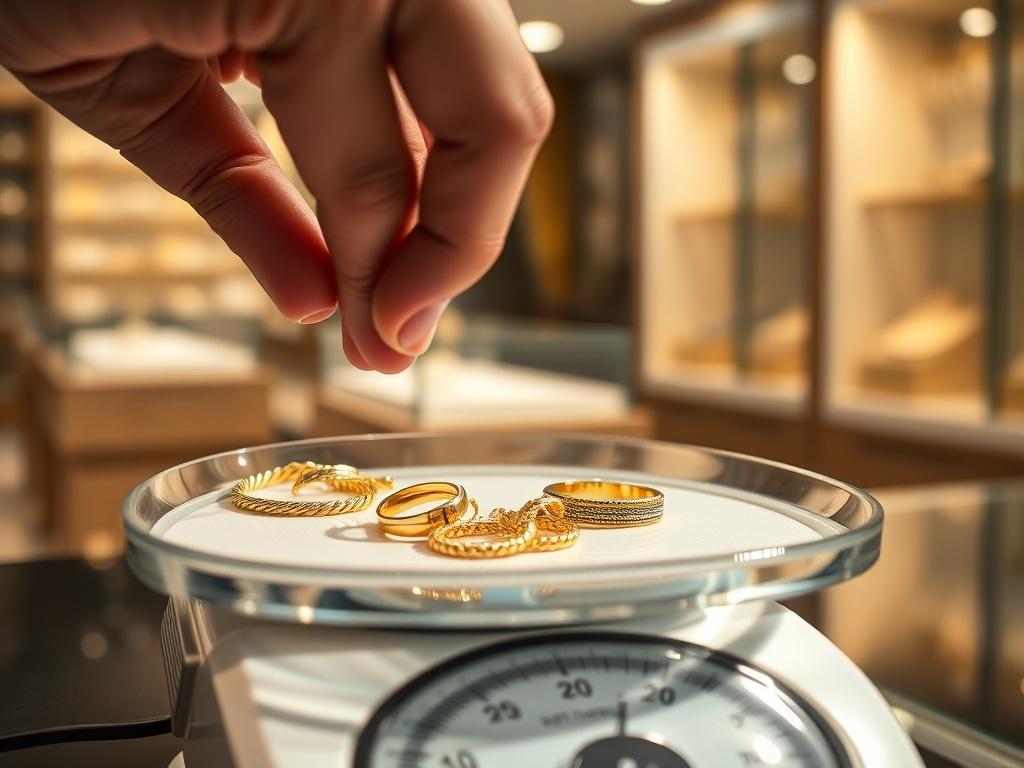 A high-resolution close-up image of a hand placing gold jewelry into a stylish weighing scale. The background features a softly blurred interior of a jewelry store, highlighting an inviting and professional atmosphere. The focus is on the shiny gold pieces, capturing their luster and value in the light, conveying the essence of buying precious metals.