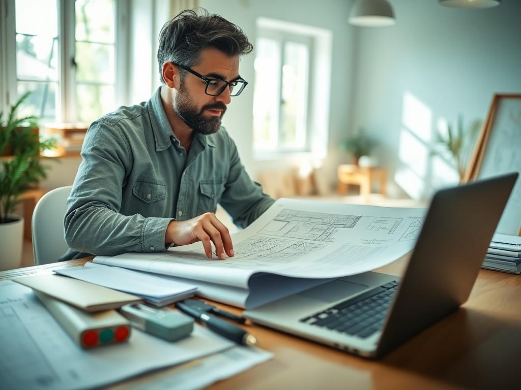 A close-up image of a confident homeowner reviewing architectural plans on a table, surrounded by construction materials and a laptop. The background features a bright, airy workspace with natural light coming in from a window, creating a sense of clarity and focus. The color palette incorporates greens and blues, emphasizing a fresh and trustworthy environment.