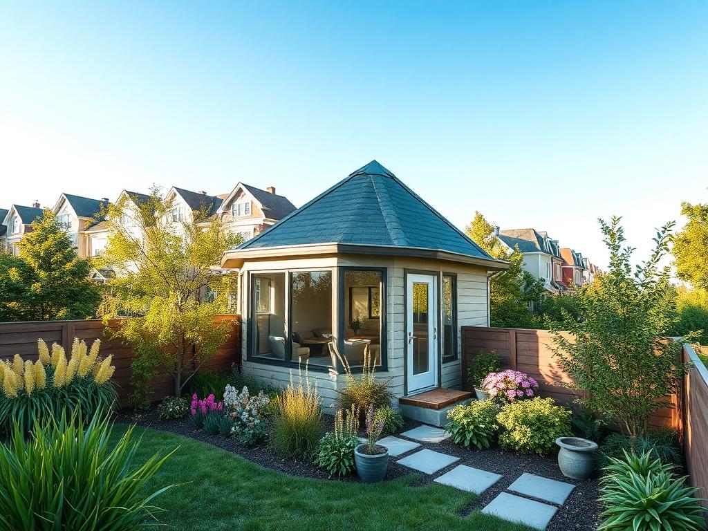 **Prompt for AI Image Generator:**

Create a high-resolution, realistic photo that captures the essence of Accessory Dwelling Units (ADUs) in the Washington DC, Maryland, and Northern Virginia region. The composition should focus solely on a single, contemporary ADU, showcasing a well-designed backyard cottage. Present the ADU as a stylish, inviting space nestled in a residential neighborhood, emphasizing its connection to green living and community aesthetics. 

Feature the ADU with large windows that allo