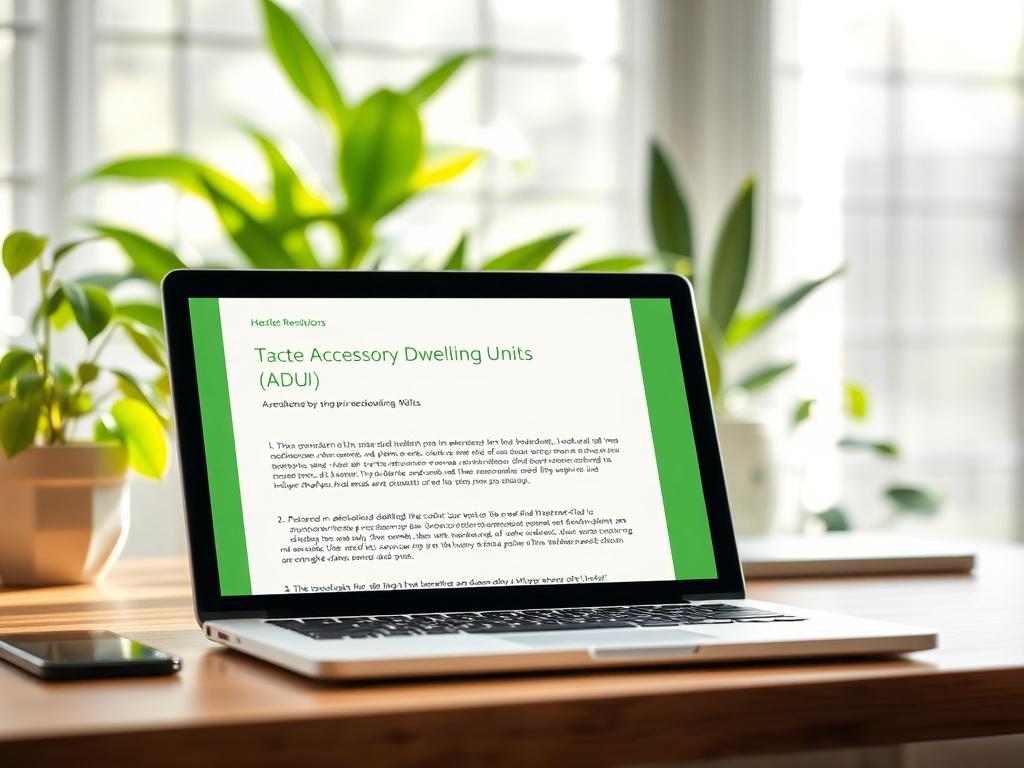 A high-resolution image of an open laptop displaying a digital manual on Accessory Dwelling Units (ADUs) on a wooden desk. In the background, there are green houseplants and a window with natural light coming in, creating a fresh and inviting atmosphere. The laptop screen should focus on clear, readable text about ADU guidelines, emphasizing a sense of clarity and trust.