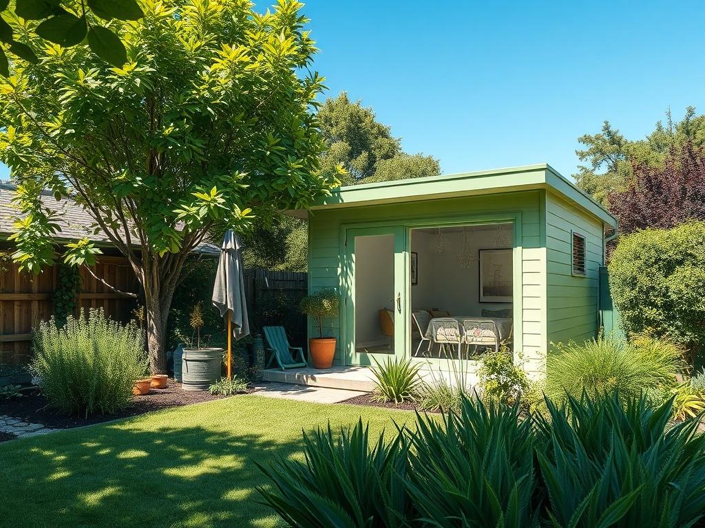 A bright, inviting backyard space featuring a modern Accessory Dwelling