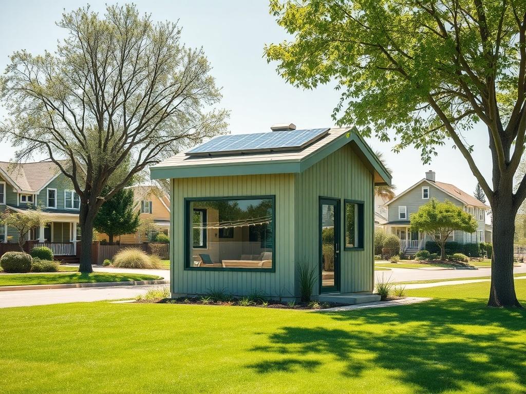 Create a realistic, high-resolution photo that encapsulates the theme "Understanding Accessory Dwelling Units." The image should feature a single, modern Accessory Dwelling Unit (ADU) in a serene suburban setting. The ADU should be designed with sustainable materials, showcasing eco-friendly features such as solar panels on the roof, large windows that invite natural light, and a small outdoor space with greenery.

The composition should be simple and clear, with the ADU centered in the foreground. In the b