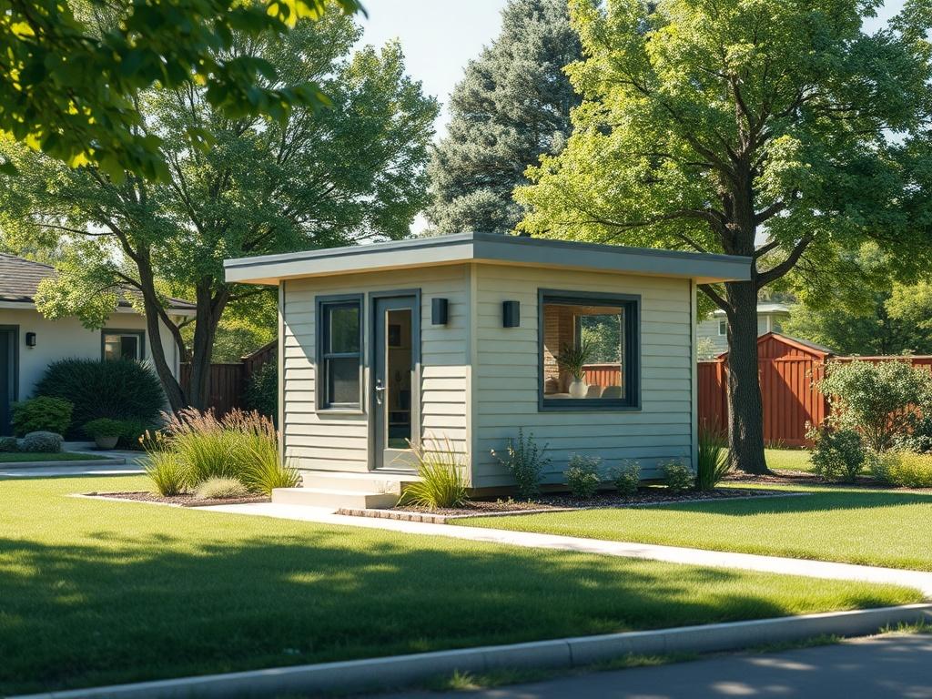 A clean, high-resolution image depicting a modern Accessory Dwelling Unit (ADU) in a tranquil suburban setting. The ADU should be the focal point of the image, showcasing its attractive design and green landscaping. Soft, natural light should illuminate the scene, enhancing the inviting atmosphere. The background should include trees and a well-maintained garden, contributing to the sense of a peaceful, residential neighborhood.